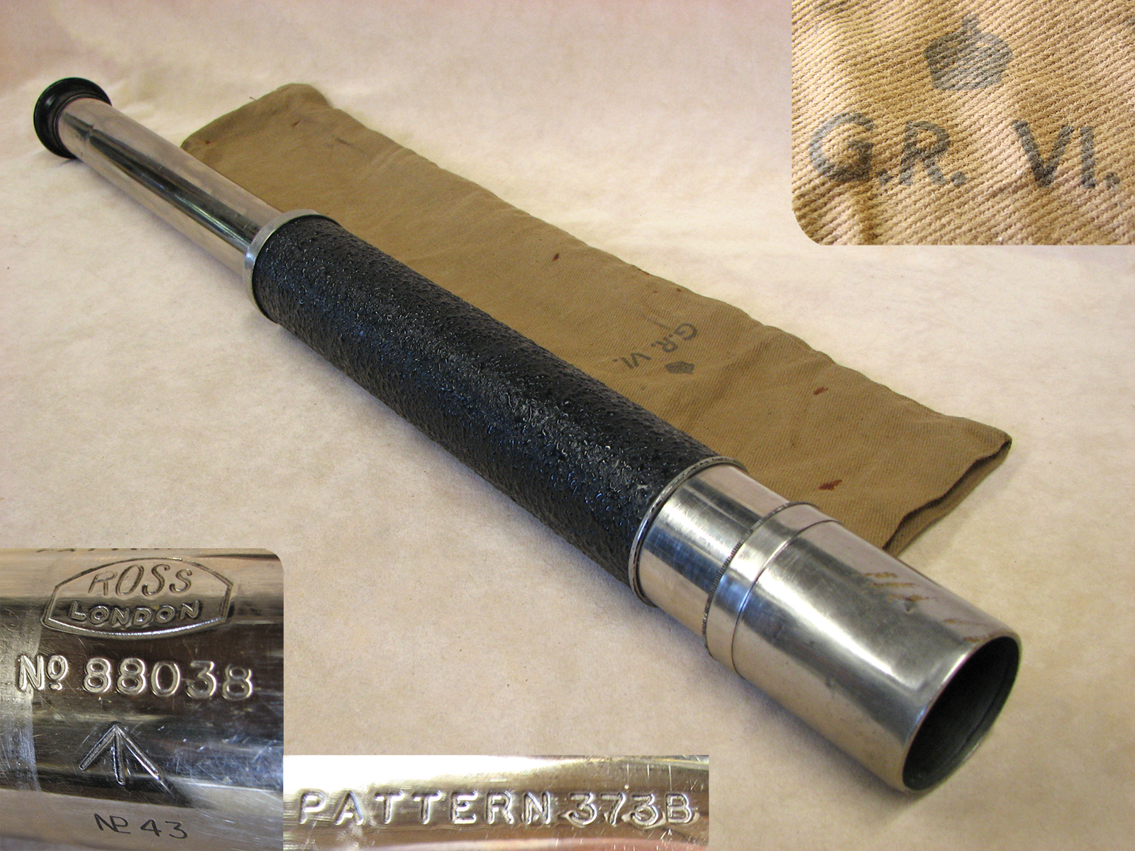 WW2 Ross Naval Officer of the Watch Pattern 373B telescope in G.R. VI canvas case